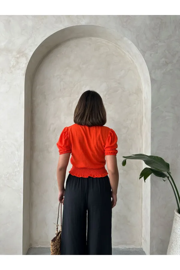 Topshow Orange Floral Chest Linen Wholesale Shirt