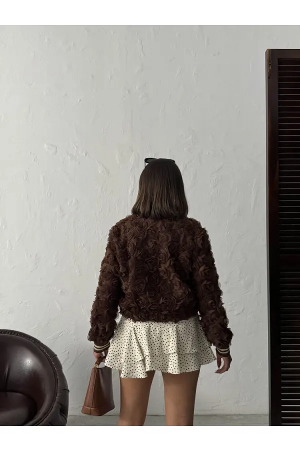 Topshow - Toptan Gül Süzüneli Fermuarlı Mont - Kahve