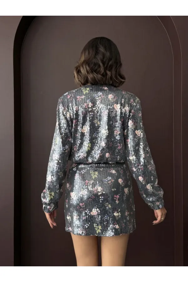 Topshow - Wholesale Flower Printed Sequin Short Skirt - Flower Dsn Sequin