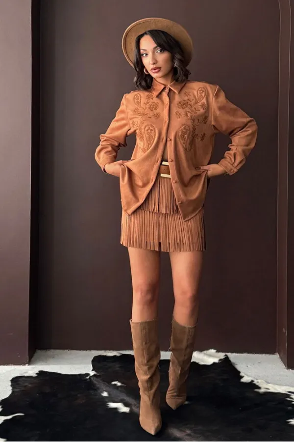 Topshow Tasseled Scuba Suede Skirt - Tan | F2030