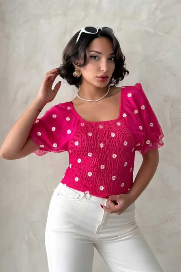 Topshow Fuchsia Gipe Detailed Patterned Chiffon Wholesale Blouse