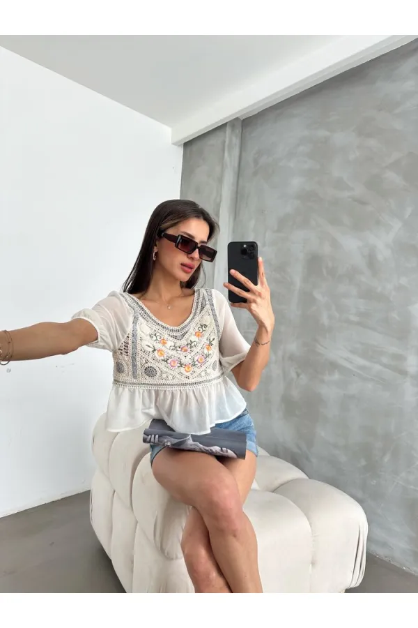 Topshow Stone Gray Embroidered Wholesale Blouse