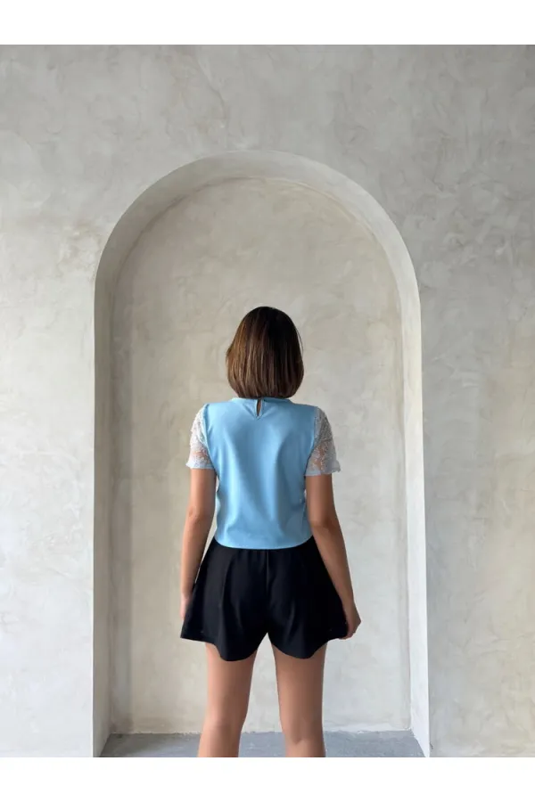 Boncuk İşlemeli Toptan Bluz - Mavi | Topshow