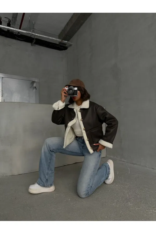 Manteau à col en fourrure nubuck en gros - Crème kaki | TOPSHOW | F1553