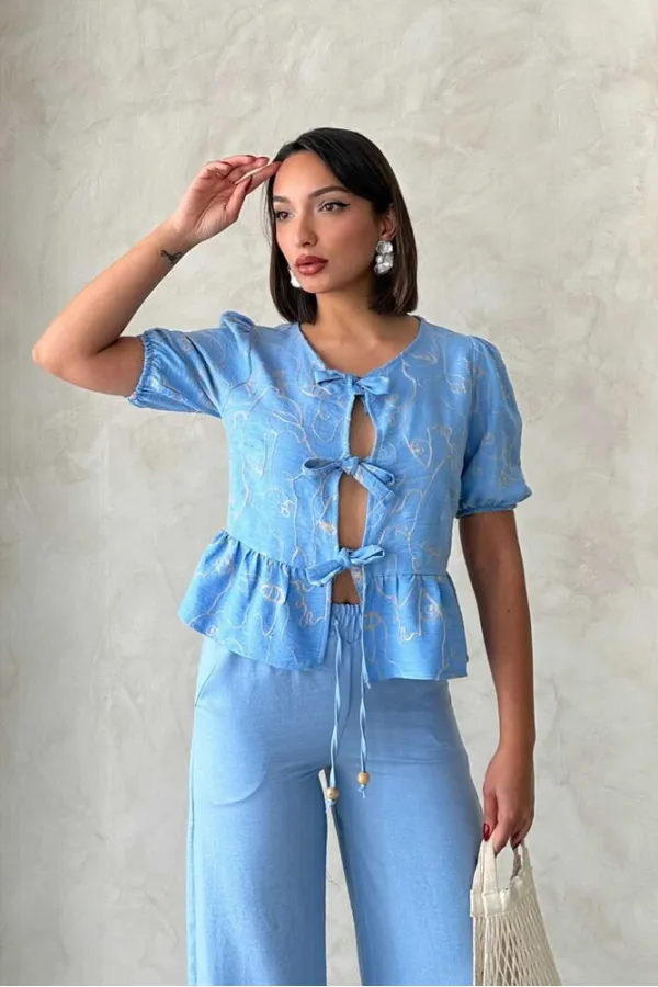 Önden Bağlamalı Nakışlı Toptan Bluz - Açık Mavi | Topshow