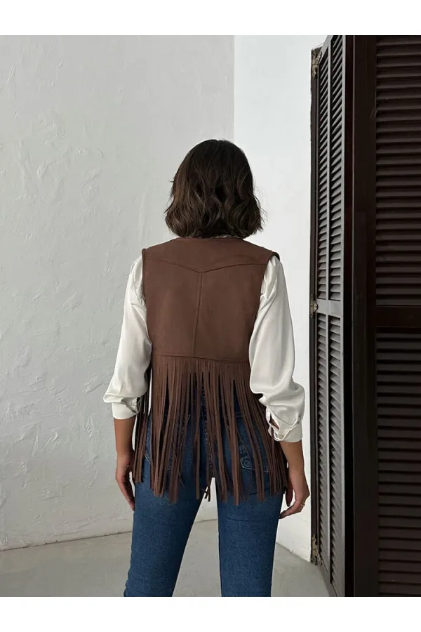 Topshow Püsküllü Süet Yelek – İnci Detaylı - KAHVE | F1806