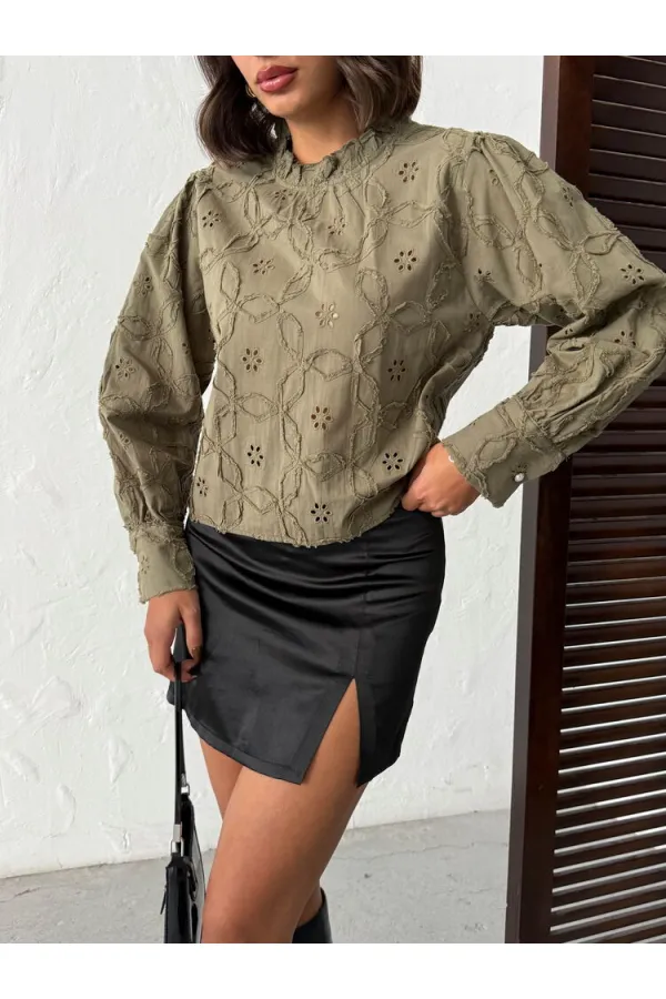 Topshow - Chemisier brodé à manches longues pour femme - Vente en gros - Élégant et moderne - Kaki