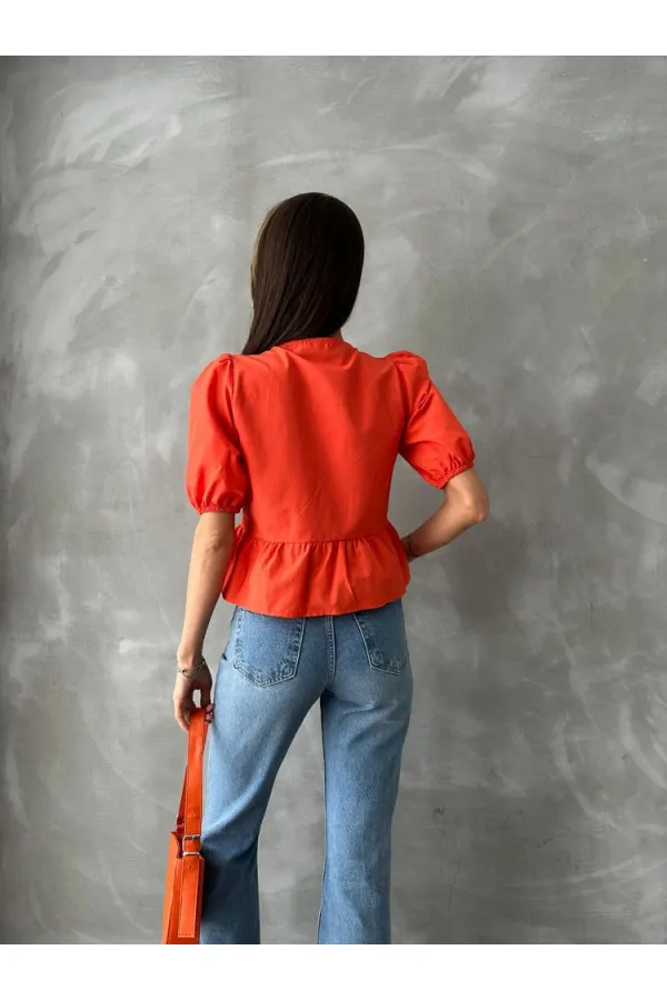 Topshow Orange Front Tie Poplin Wholesale Blouse