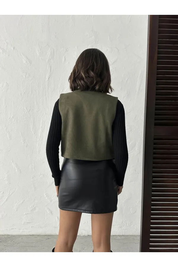 Topshow - Gilet en daim brodé en gros - Élégance style western - Kaki