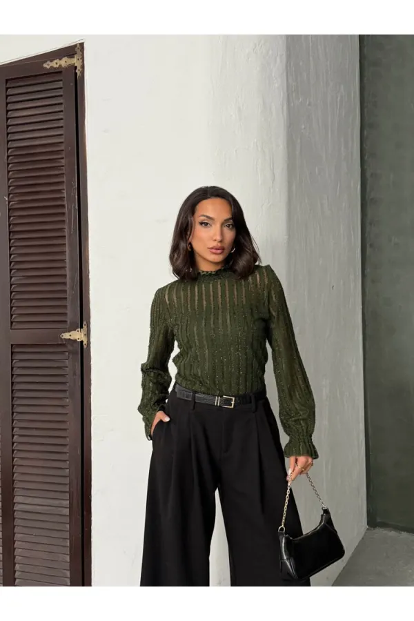 Blouse Topshow kaki pailletée à barbe en gros