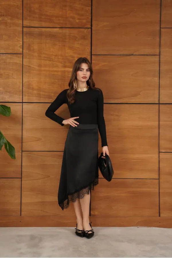 D 2951 LACE ASYMMETRICAL SKIRT - BLACK
