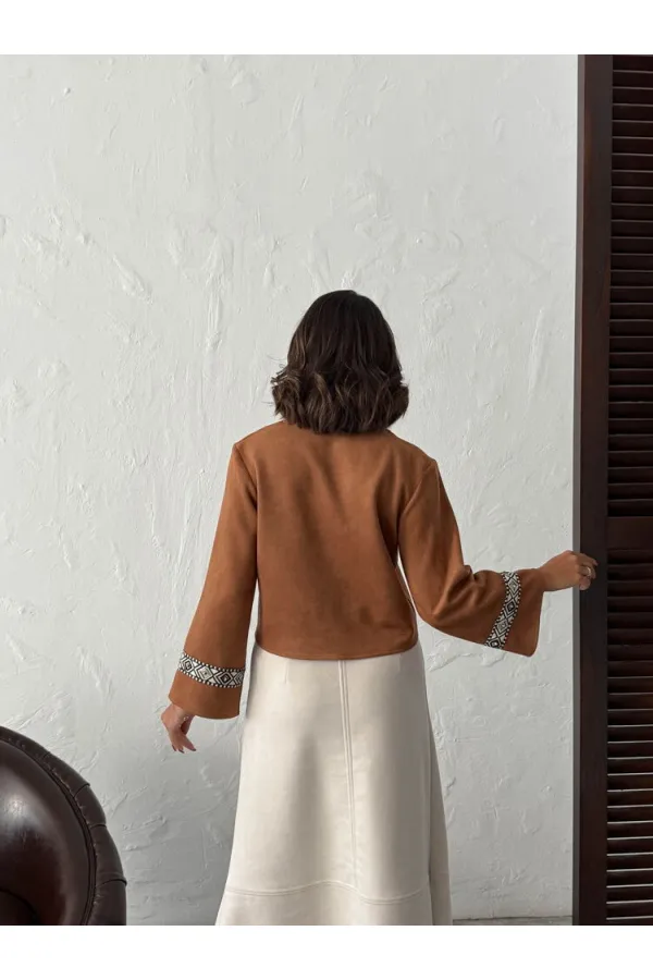 Topshow Şerit Detaylı Scuba Süet Fermuarlı Ceket - TABA | F1971