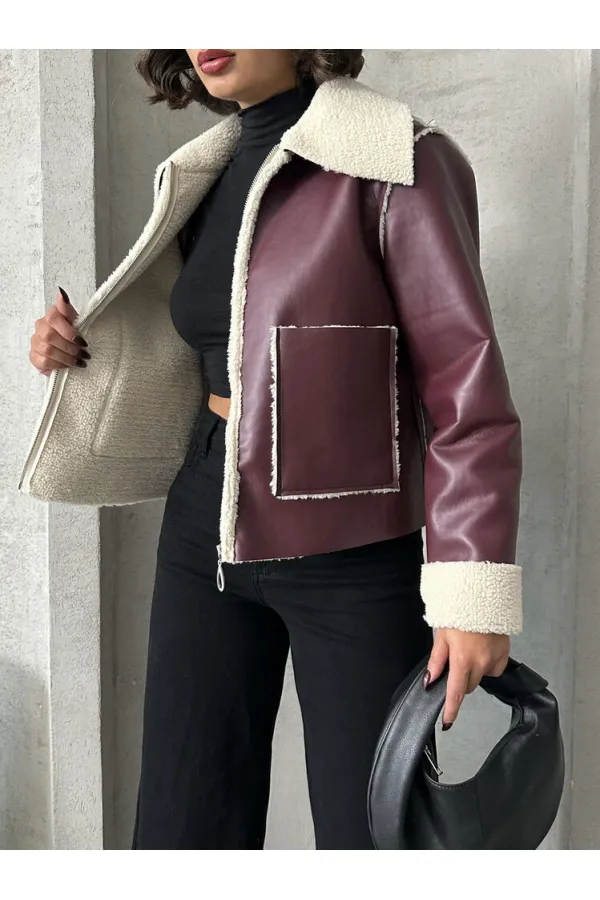 Veste en cuir zippée en gros - Rouge bordeaux crème | TOPSHOW | F1511