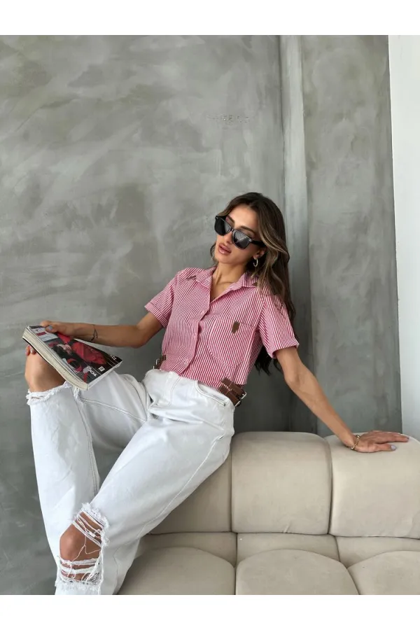 Topshow Red Striped Belt Detailed Striped Wholesale Shirt