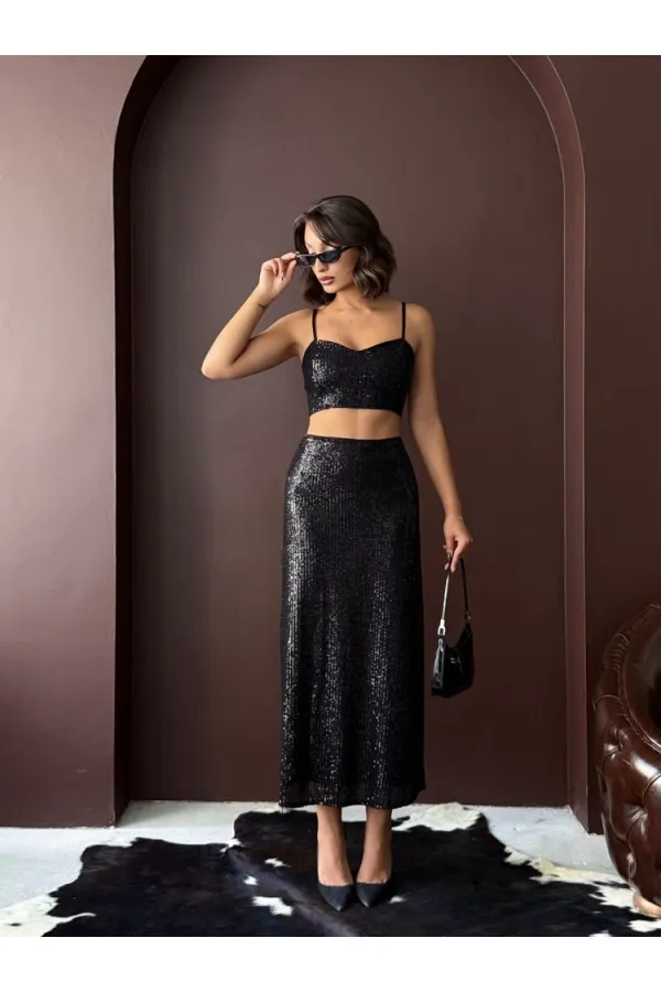 Topshow Siyah Payetli Uzun Etek - Yüksek Bel, Şık Gece Elbisesi Kombini