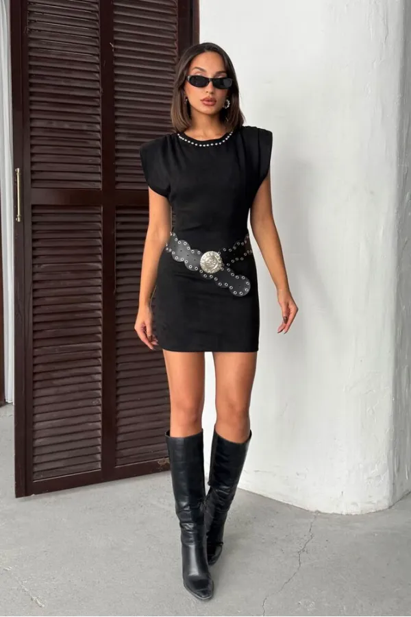 Topshow Drop Belted Scuba Suede Dress - Black | F2028