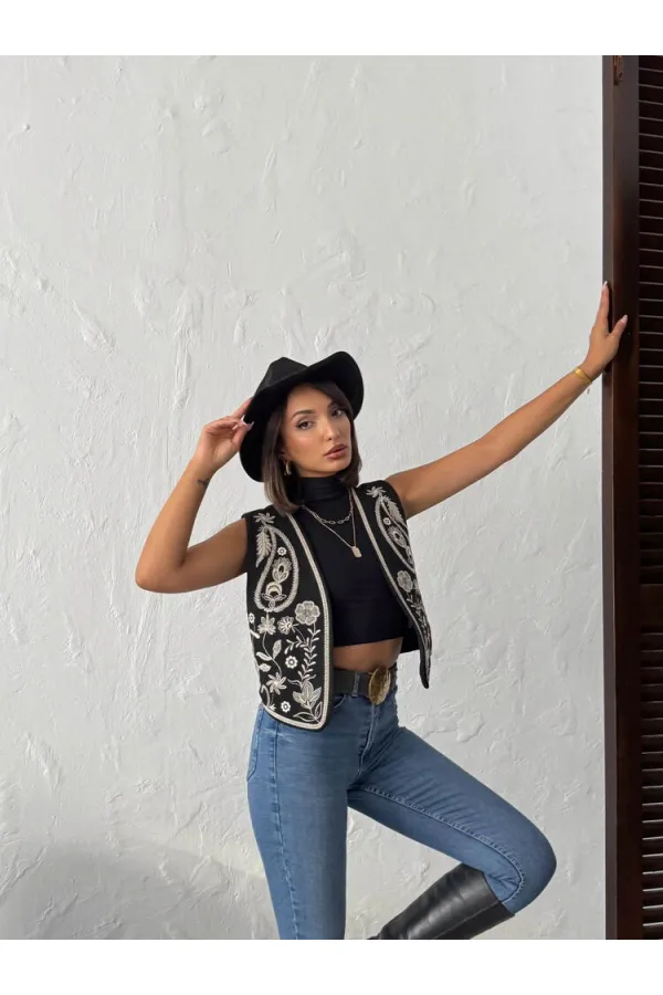 Topshow - Wholesale Embroidered Suede Vest - Western Style Elegance - Black