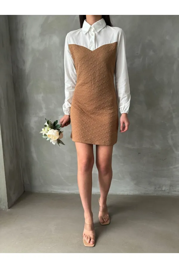 Knee-Length Wholesale Dress with Poplin Sleeves and Chest - Camel | TOPSHOW | F1139