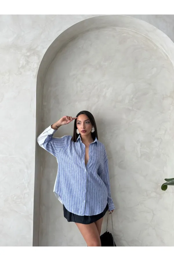 Çizgili Keten Gömlek - Koyu Mavi | Topshow | F1917
