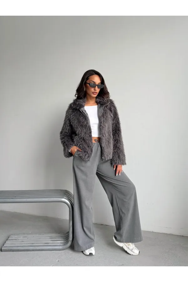 Yapay Kürk Kadın Ceket – Fermuarlı, Yumuşak Dokulu Modern Kışlık Mont - GRİ