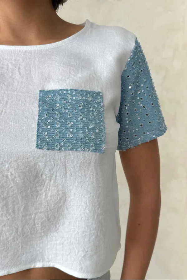 Kot Detaylı Toptan T-Shirt - Krem Mavi | Topshow