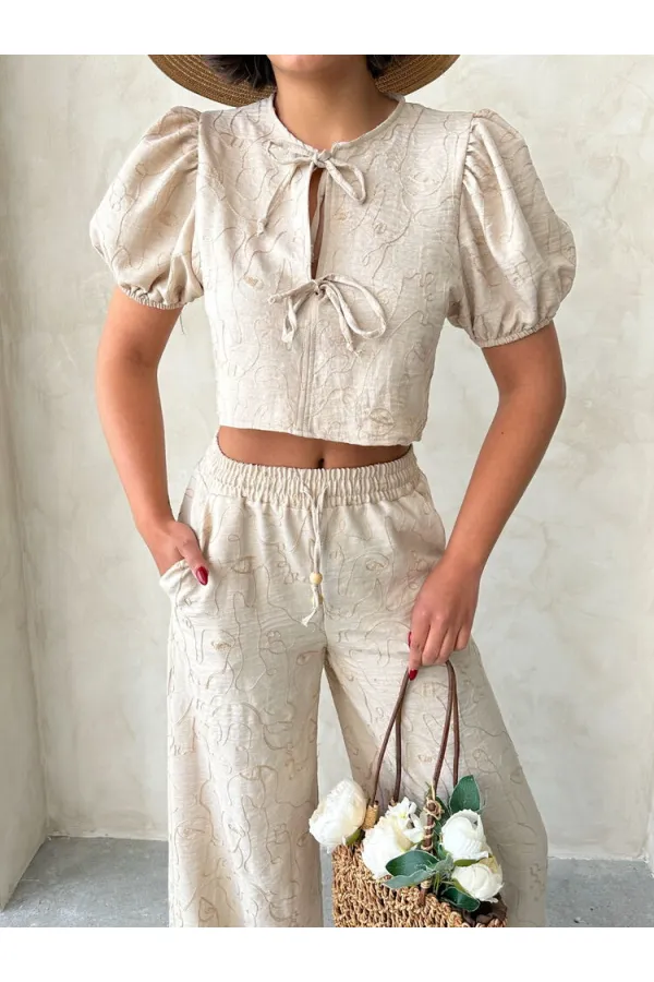 Embroidered Front Tie Wholesale Blouse - Stone | Topshow