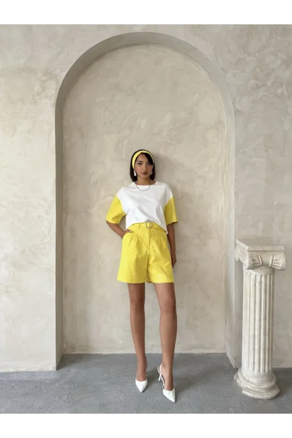 Kol Detaylı Toptan Şort - Sarı | Topshow