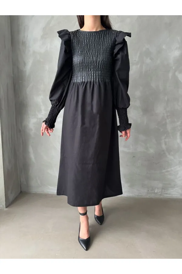 Topshow Black Body Leather Sleeve Wholesale Skirt Poplin Wholesale Dress | F0843