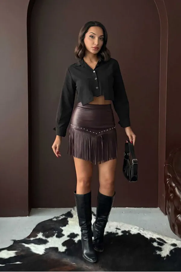 Topshow Western Tarz Püsküllü Mini Deri Toptan Etek - Kahve | F2041