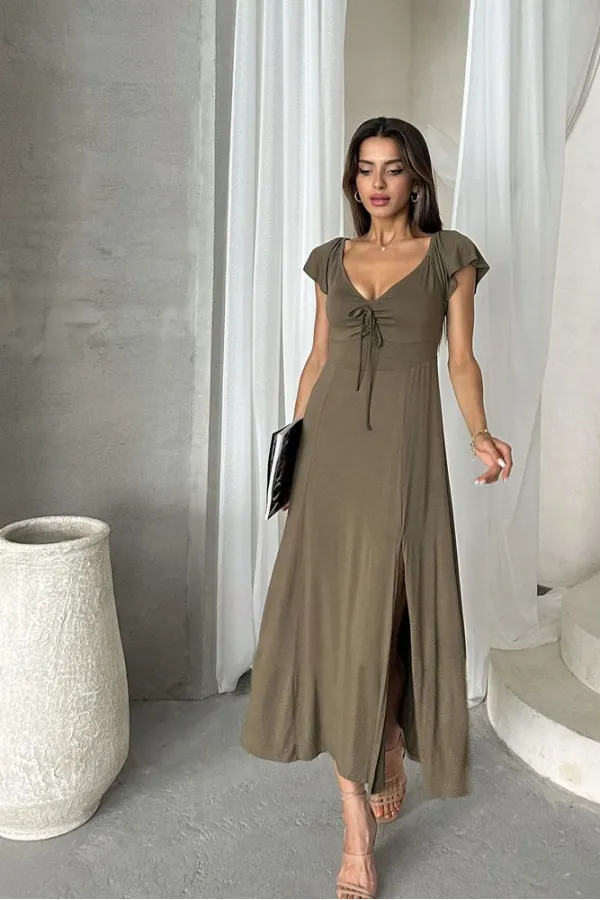 Topshow Khaki Plain Viscose Wholesale Dress