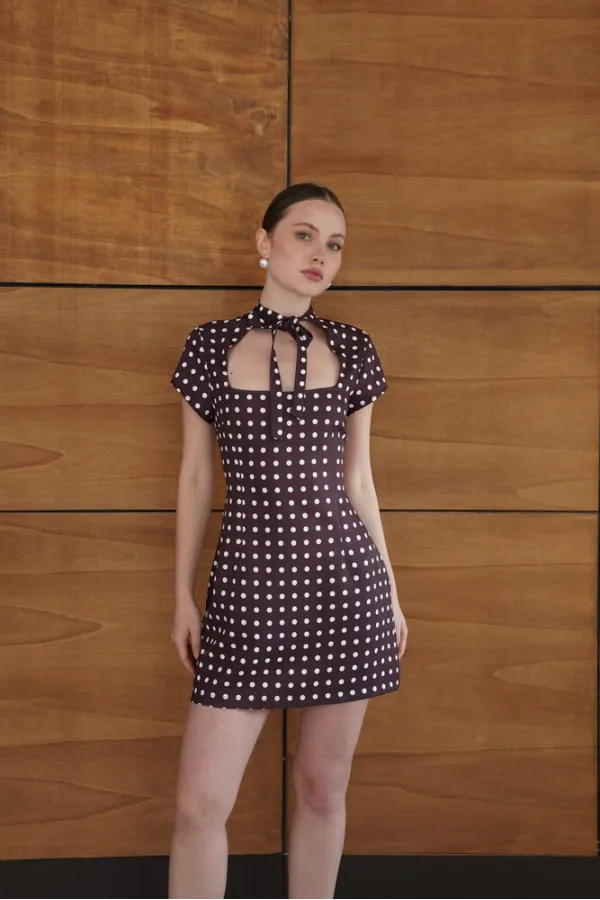 Polka Dot Satin Wholesale Dress - Brown | D2978 - Topshow