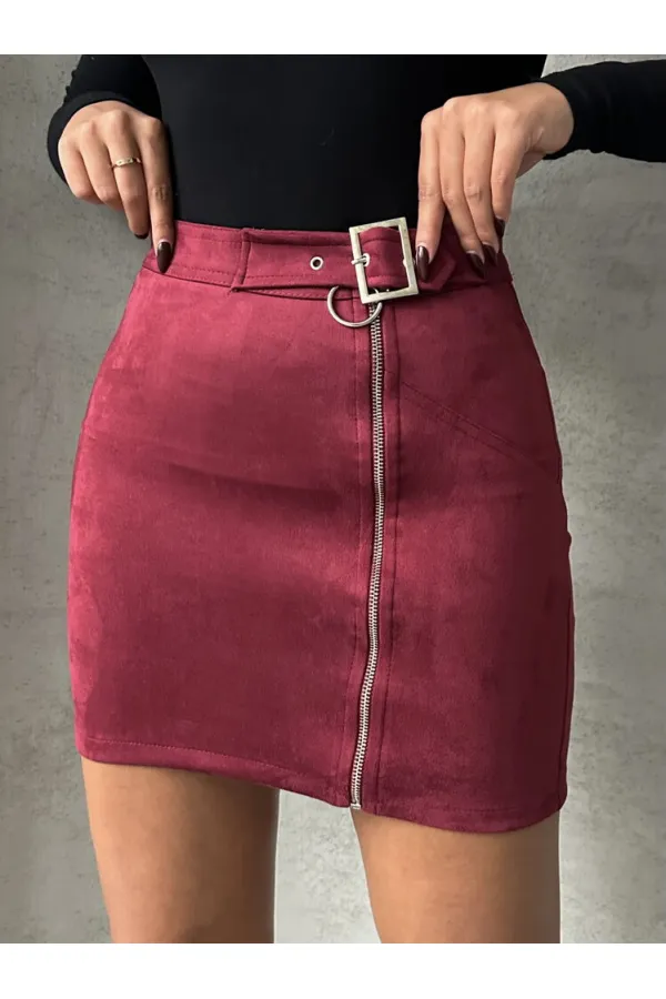Süet Fermuarlı Toptan Etek - Bordo | TOPSHOW | F0121
