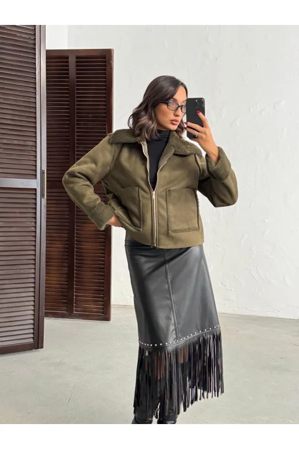 Topshow Süet Tavşan Lamine Toptan Mont - Haki | F2027