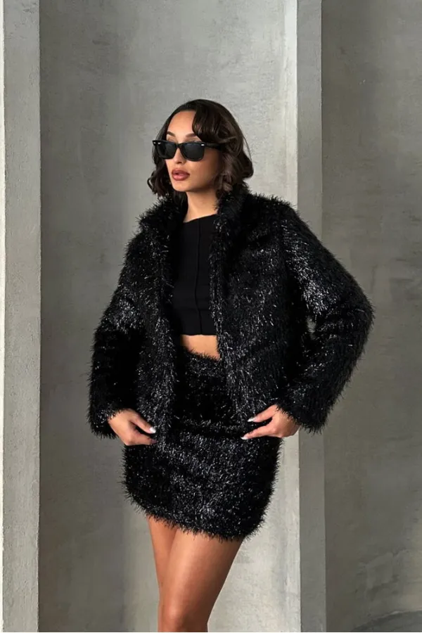 Manteau à franges pailletées en gros - Noir | TOPSHOW | F1838