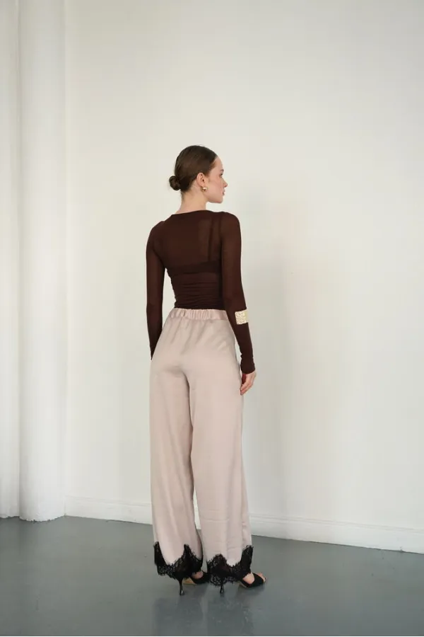 Wholesale Satin Trousers with Lace Hem - Stone | D2969 - Topshow