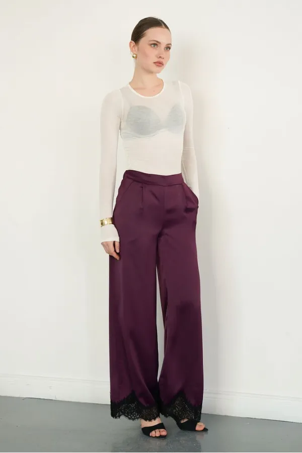 Wholesale Satin Trousers with Lace Hem - Plum | D2969 - Topshow
