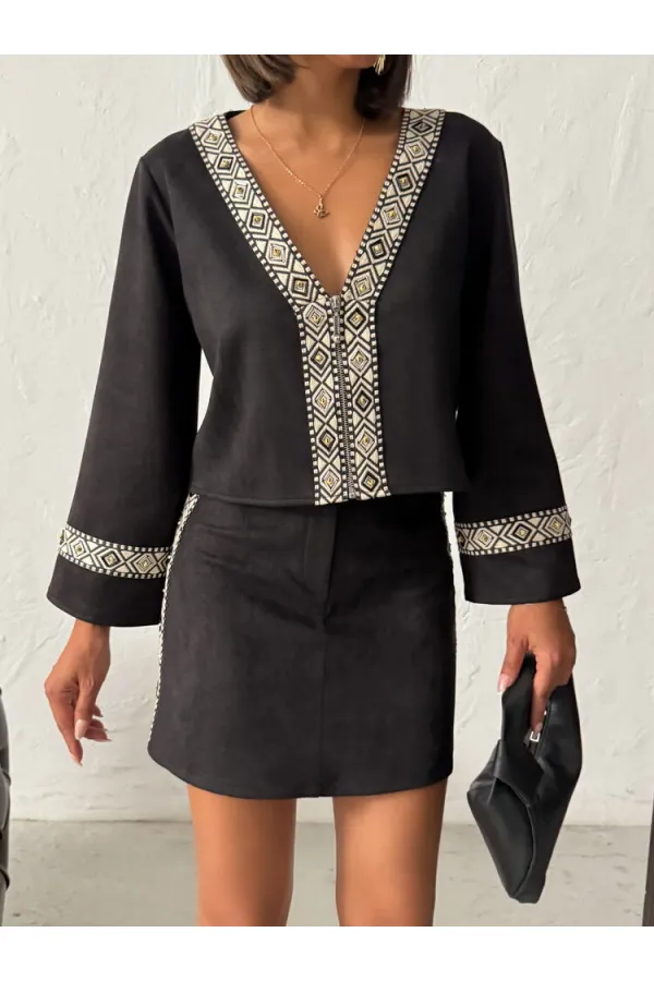 Veste zippée en daim scuba à rayures Topshow - Noir | F1971