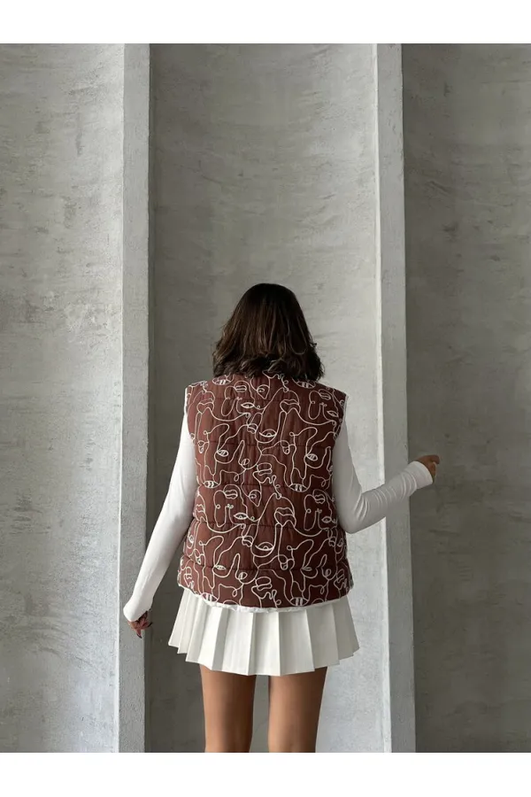 Karışık Baskı Desenli Elyaflı Şişme Toptan Yelek - Kahve | TOPSHOW | F1749