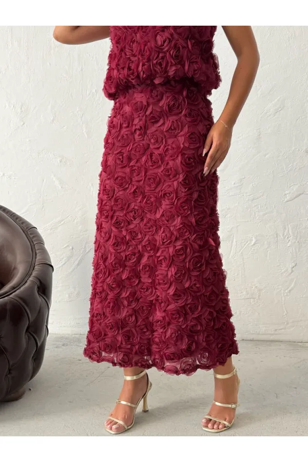 Topshow - Toptan Gül Süzüneli Etek - Bordo