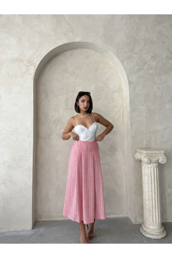 Çizgili Keten Etek - Pembe | Topshow | F1918