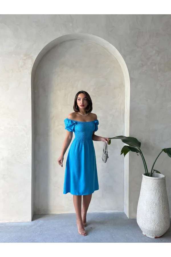 Gipeli Kayık Yaka Keten Elbise - Koyu Mavi | Topshow