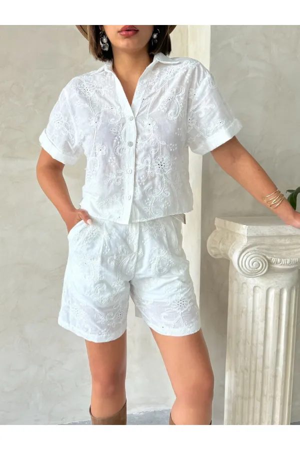 Nakışlı Vual Gömlek - Krem Topshow