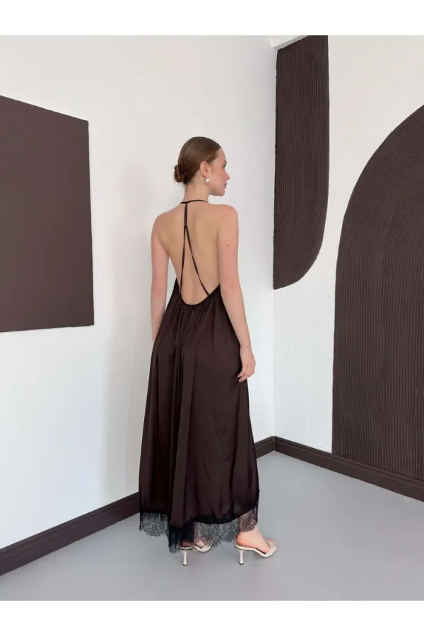 D 3022 DANTEL DETAYLI SATEN ELBİSE - KAHVE