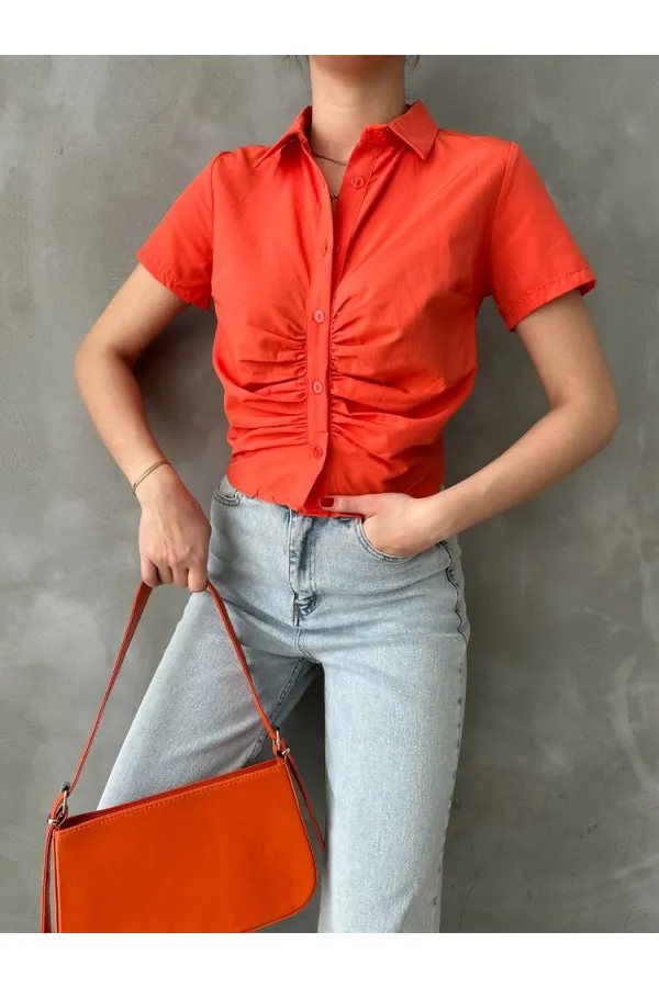 Topshow Orange Gipel Front Gathered Wholesale Blouse