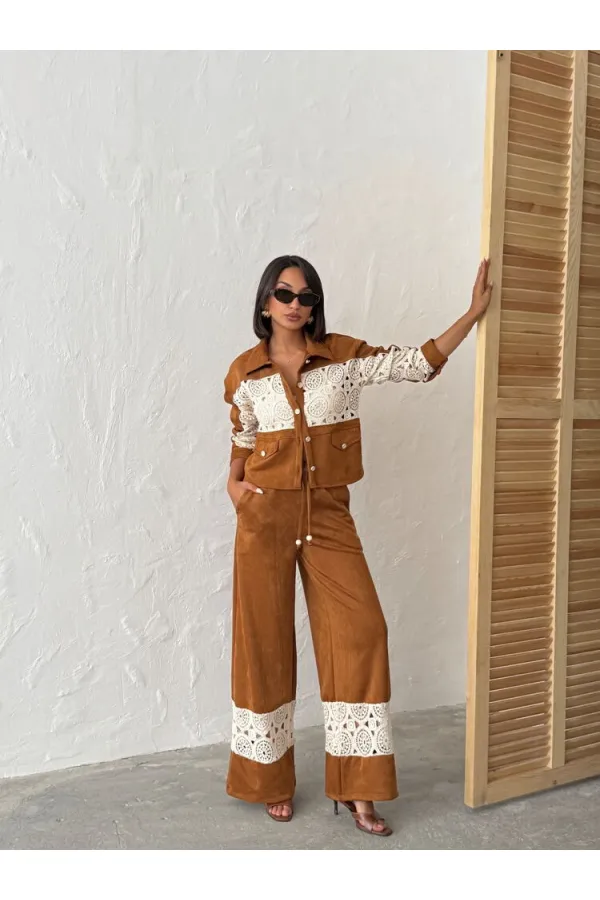 Veste-chemise femme en daim effet daim avec détails en dentelle - Beige | Topshow | F1957