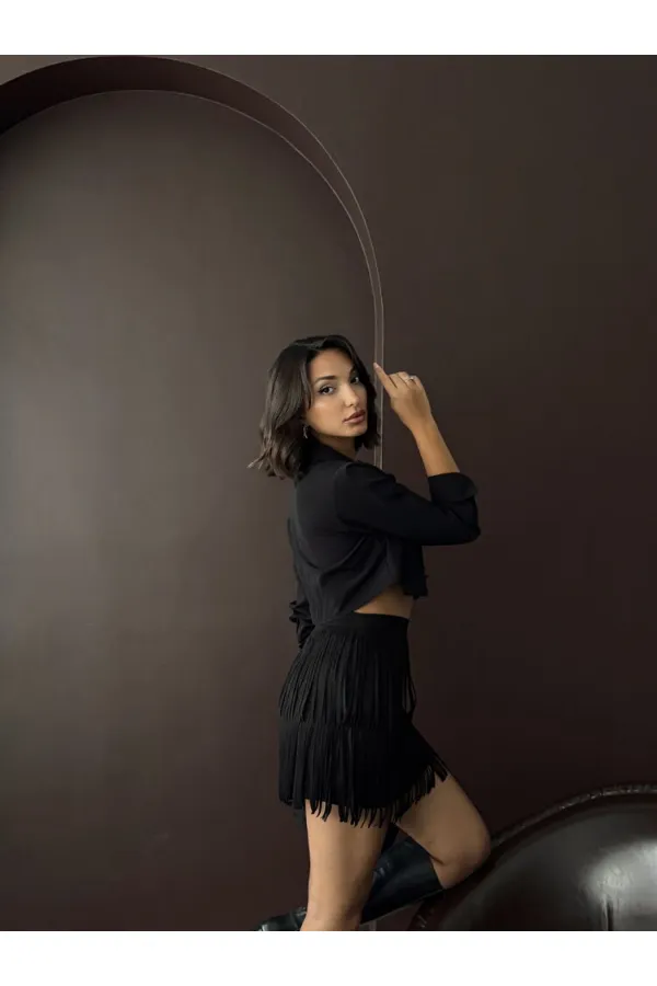 Topshow Tasseled Scuba Suede Skirt - Black | F2030