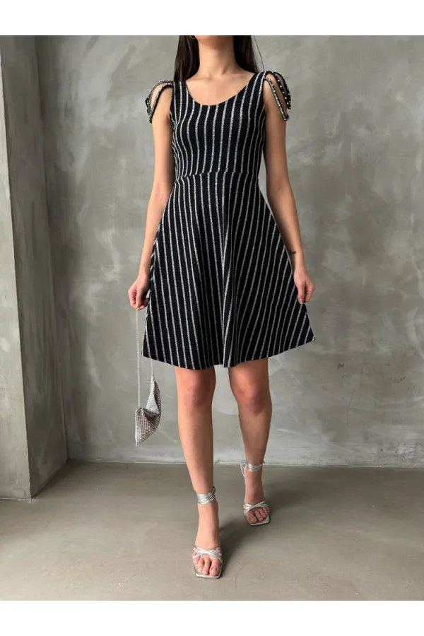 Topshow Black Silver Striped Sleeveless Wholesale Dress