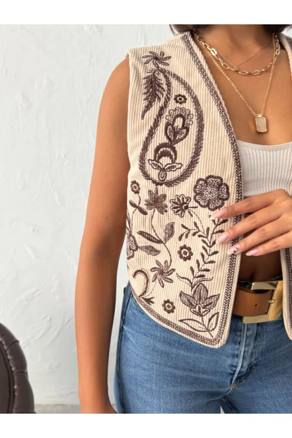 Topshow - Toptan Fitili Kadife Nakışlı Yelek - Taş