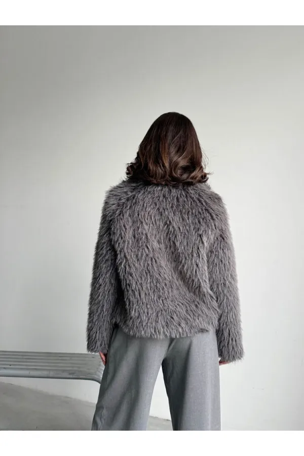 Yapay Kürk Kadın Ceket – Fermuarlı, Yumuşak Dokulu Modern Kışlık Mont - GRİ