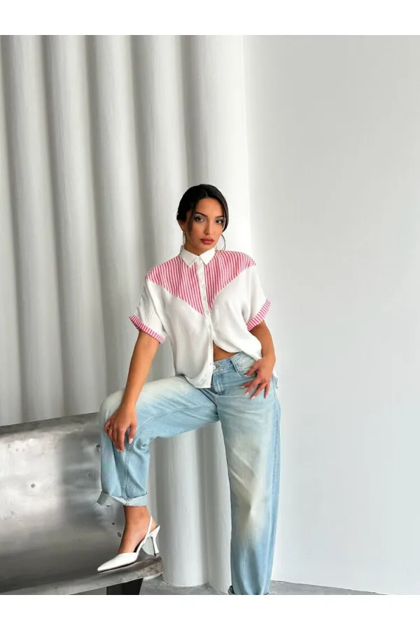 Chemise rayée à détails en gros - Fuchsia | Topshow